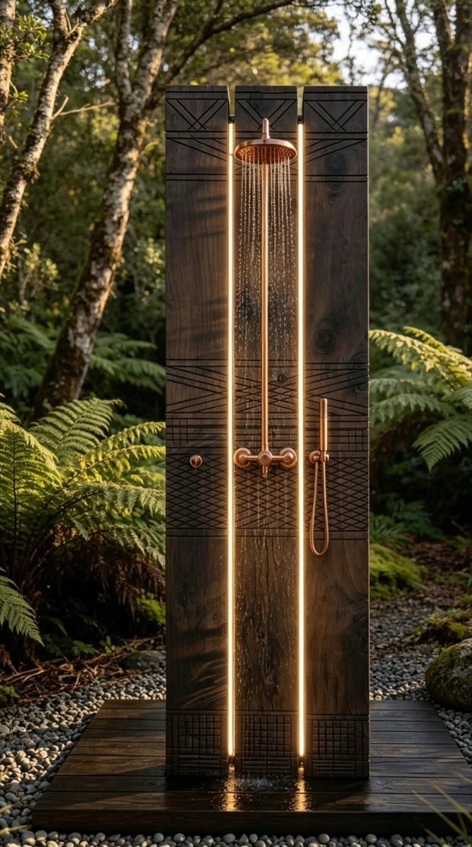 The finished shower at dusk