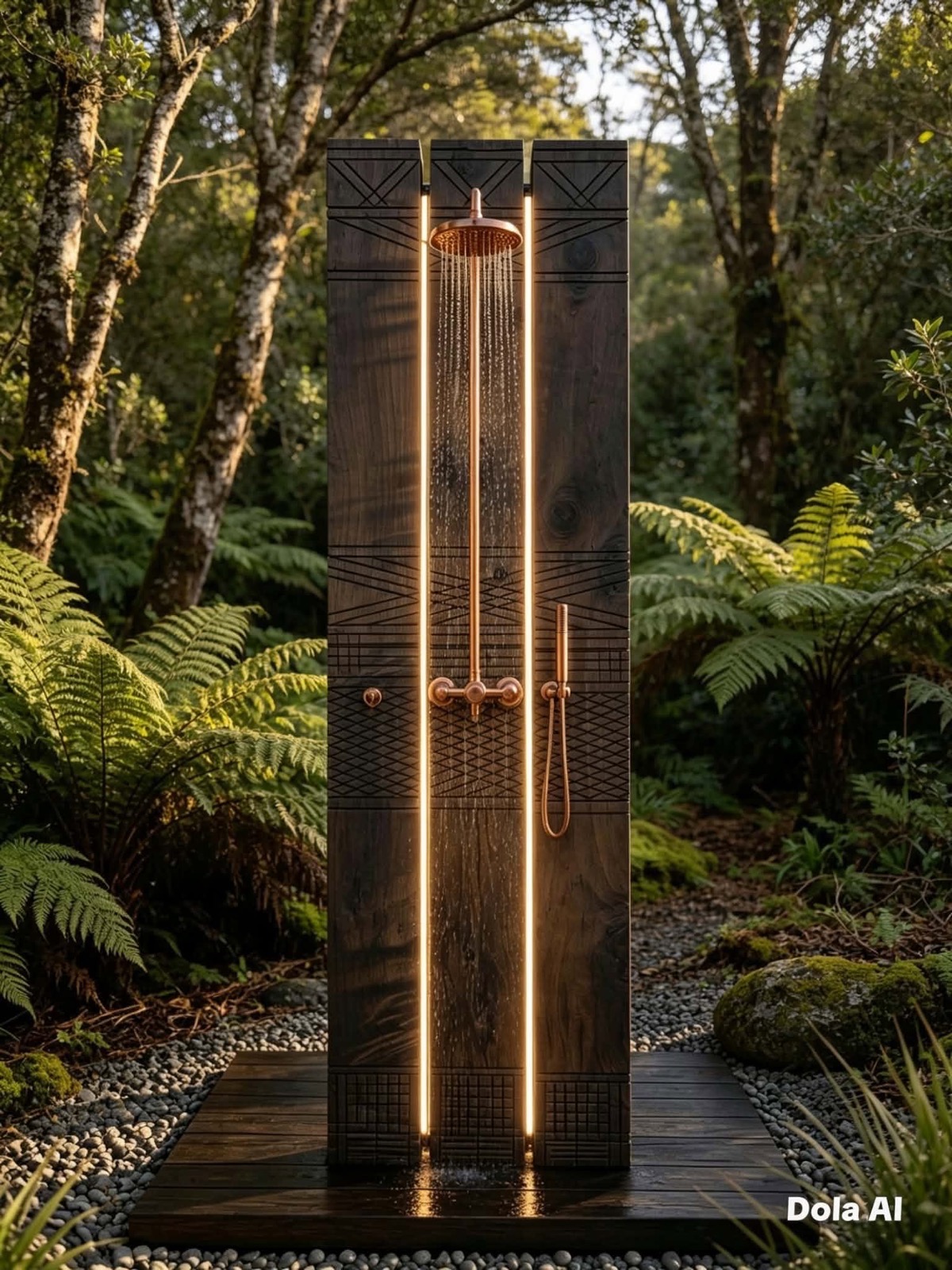 An outdoor shower in native bush — charred timber, copper fittings and two continuous runs of warm LED set into the face.